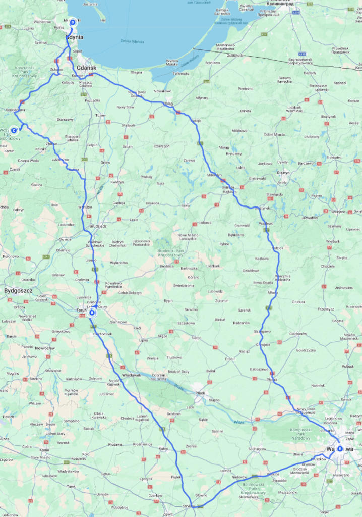 Trasa podróży kamperem po Kaszubach – mapa trasy